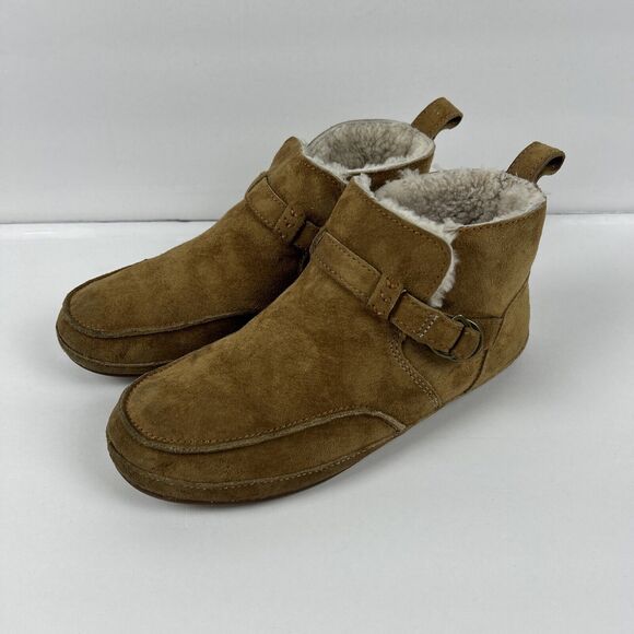 OluKai Womens Sz 7 Ola Hou Shearling Tan Suede Ankle Boot Slipper Slip On Warm - Picture 1 of 14